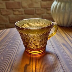 Vintage Tiara Amber Glass Teacup Set Ornate Floral Pattern Vintage Set of 4